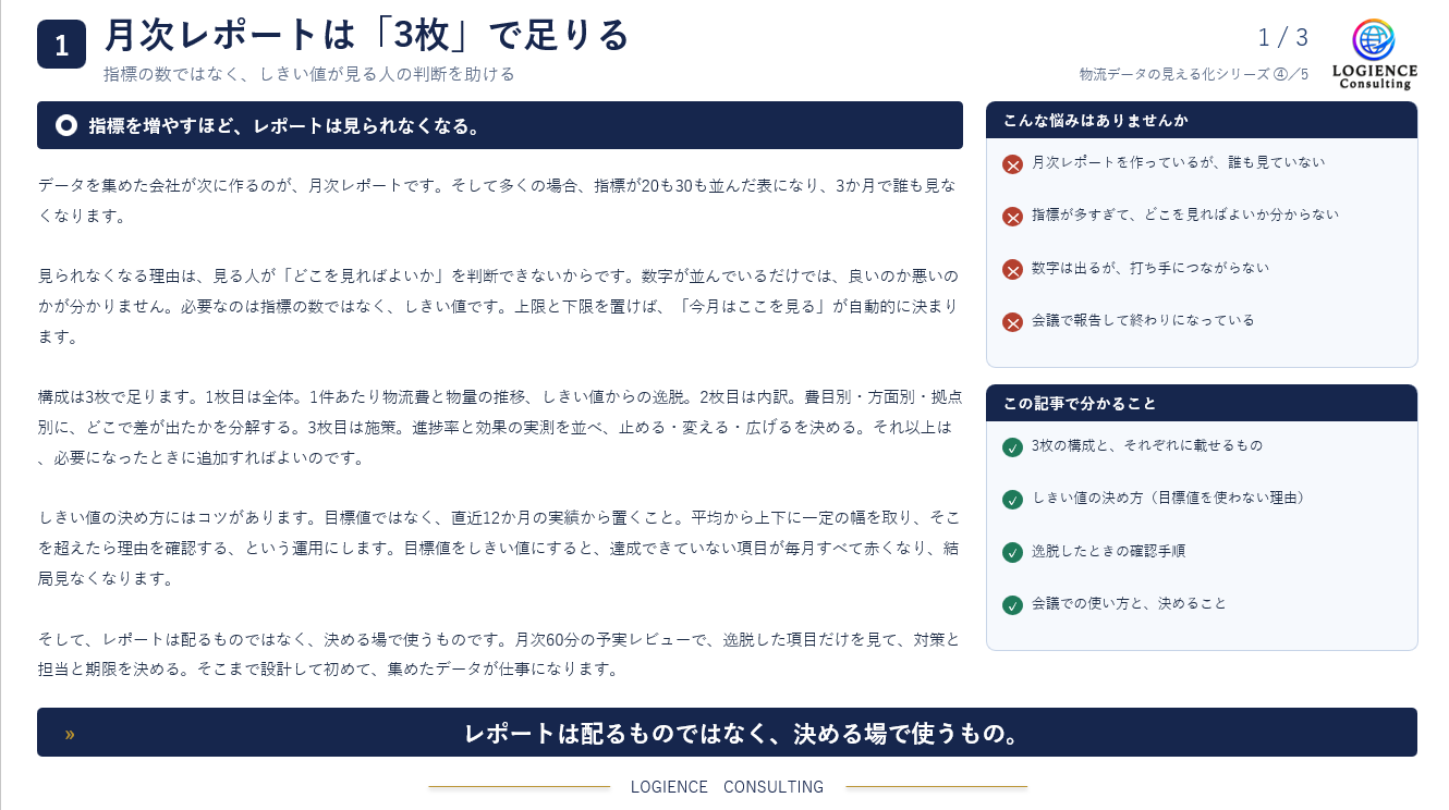 物流月次レポートを3枚に整理する理由と経営判断に活用するためのポイント